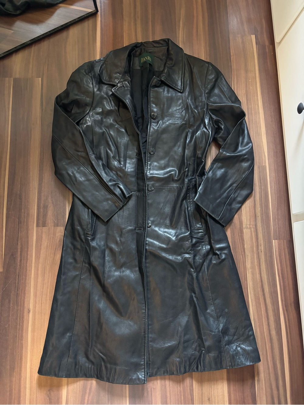 Danier Black Long Leather Trench Coat